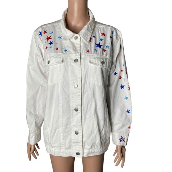 Quacker Factory Denim Jacket Womens 1X Embroidered Angel Red White Blue Stars - Picture 9 of 10